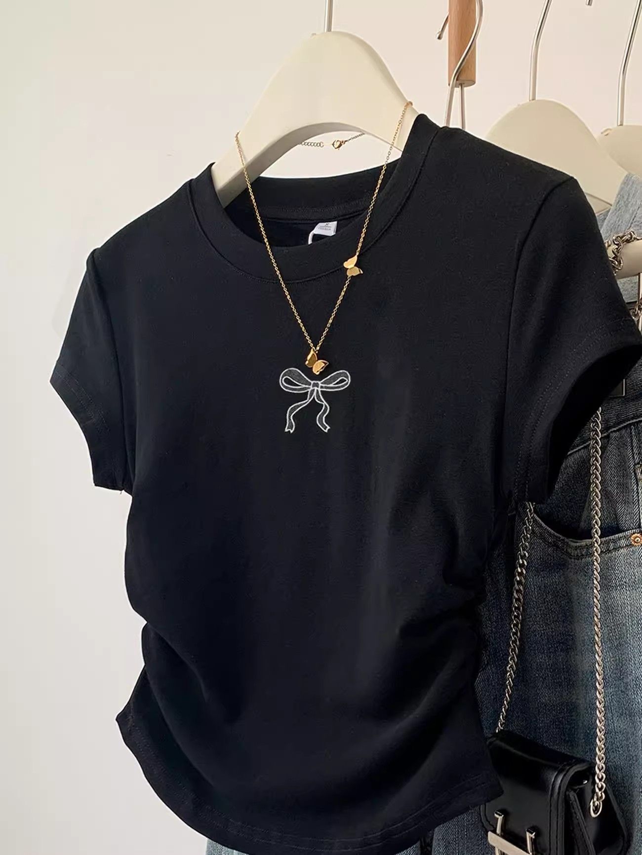 1*1纯棉 高弹力】褶皱收腰小飞袖短袖t恤女夏季新款修身T恤