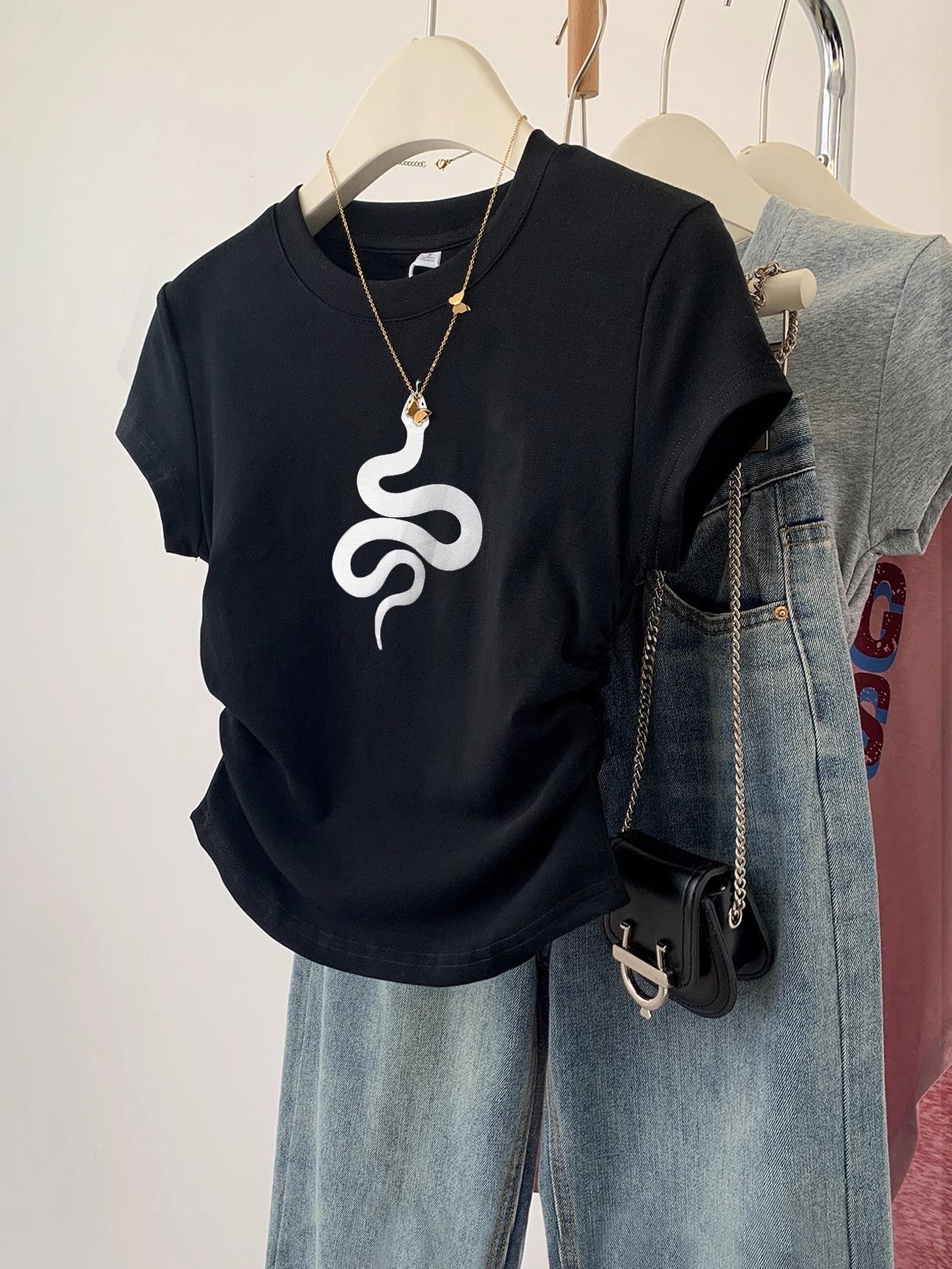 1*1纯棉 高弹力】褶皱收腰小飞袖短袖t恤女夏季新款修身T恤