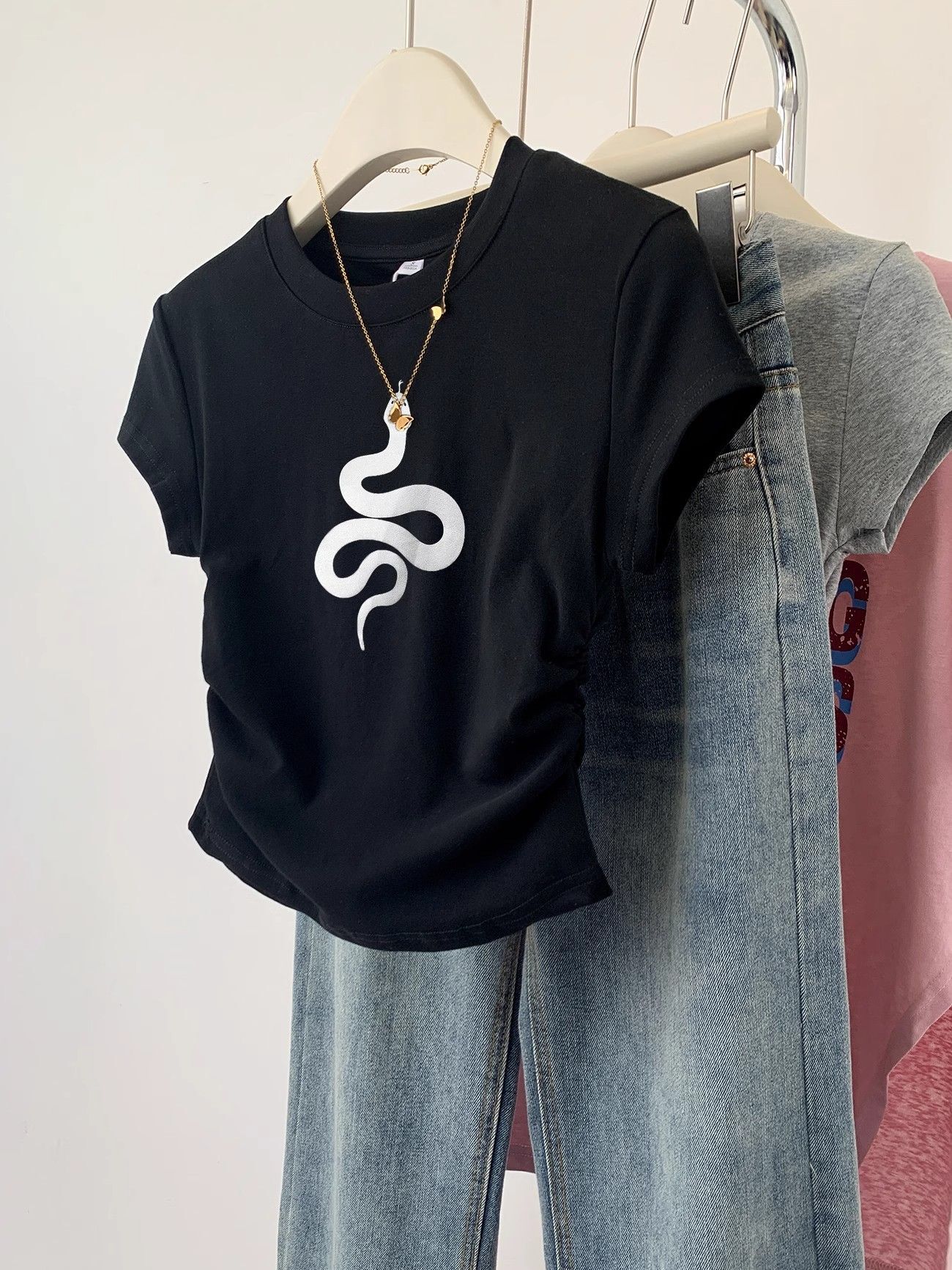 1*1纯棉 高弹力】褶皱收腰小飞袖短袖t恤女夏季新款修身T恤