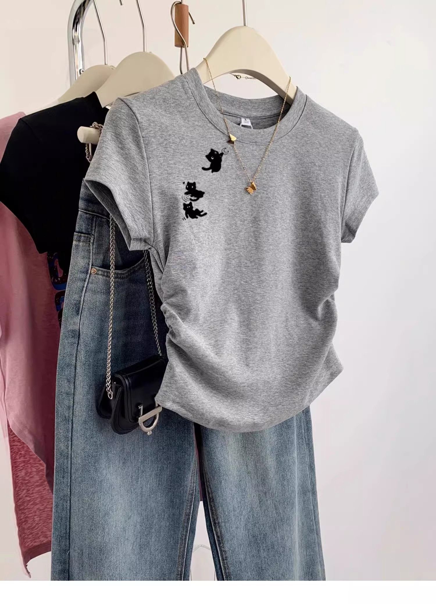 1*1纯棉 高弹力】褶皱收腰小飞袖短袖t恤女夏季新款修身T恤