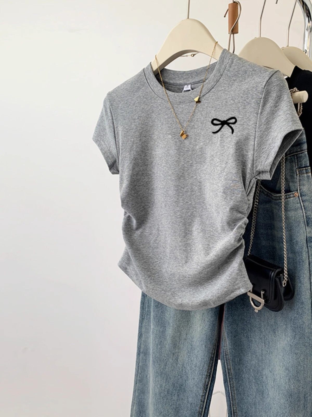 1*1纯棉 高弹力】褶皱收腰小飞袖短袖t恤女夏季新款修身T恤