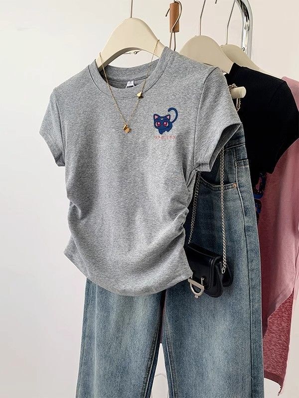 1*1纯棉 高弹力】褶皱收腰小飞袖短袖t恤女夏季新款修身T恤