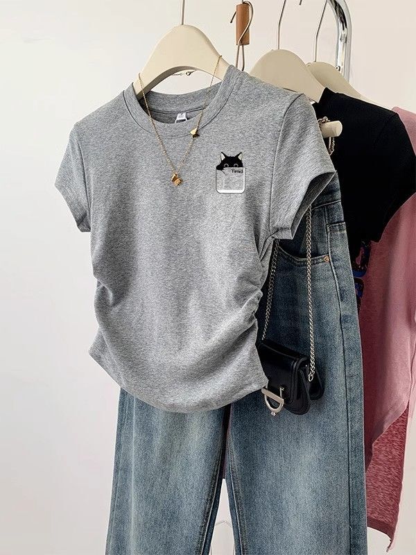 1*1纯棉 高弹力】褶皱收腰小飞袖短袖t恤女夏季新款修身T恤 1*1纯棉 高弹力】褶皱收腰小飞袖短袖t恤女夏季新款修身T恤