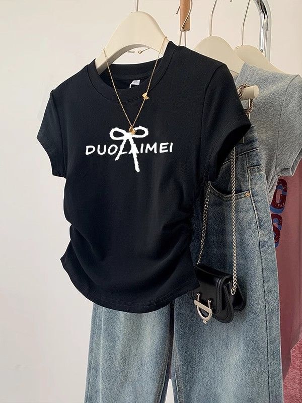 1*1纯棉 高弹力】褶皱收腰小飞袖短袖t恤女夏季新款修身T恤