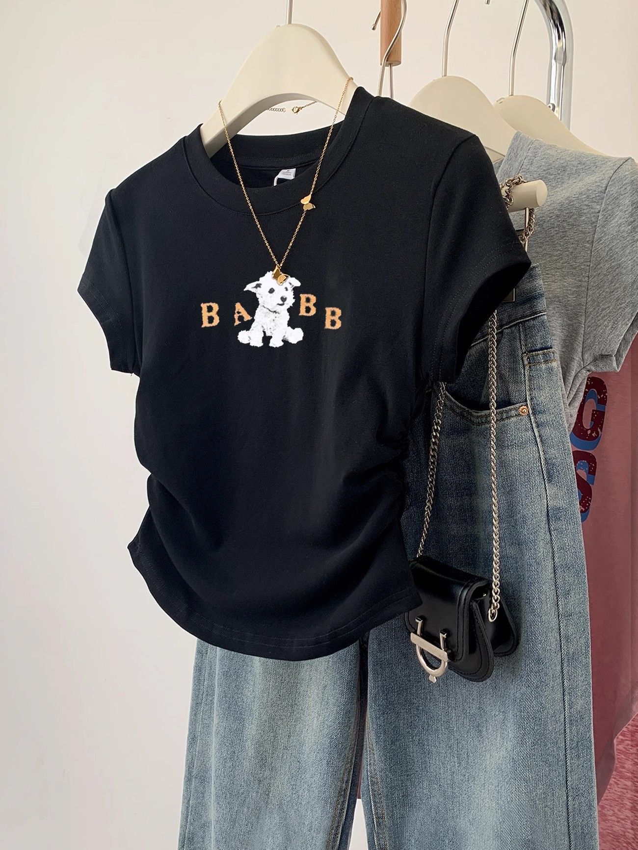 1*1纯棉 高弹力】褶皱收腰小飞袖短袖t恤女夏季新款修身T恤