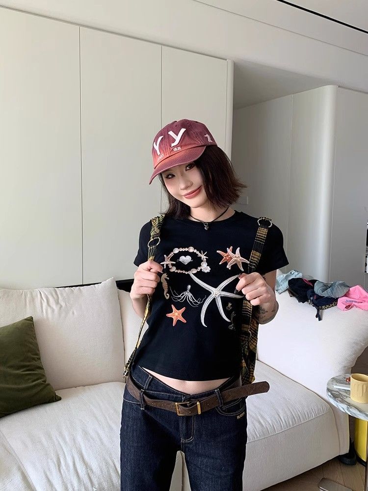 【1*1纯棉 常规款】印花正肩常规短袖 高弹力新款夏季修身显