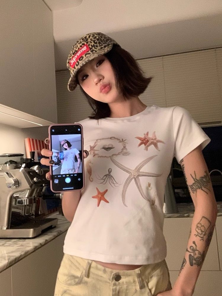 【1*1纯棉 常规款】印花正肩常规短袖 高弹力新款夏季修身显