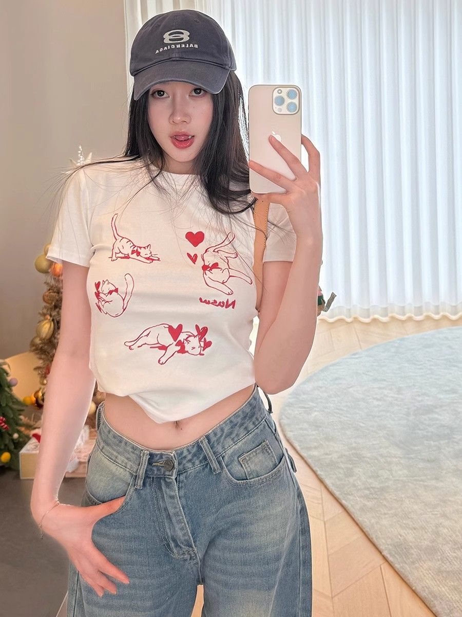 【1*1纯棉 常规款】印花正肩常规短袖 高弹力新款夏季修身显 【1*1纯棉 常规款】印花正肩常规短袖 高弹力新款夏季修身显