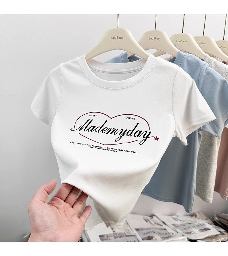 1*1纯棉 高弹力新款夏季短袖短款搭配高腰裤修身显瘦洋气上衣