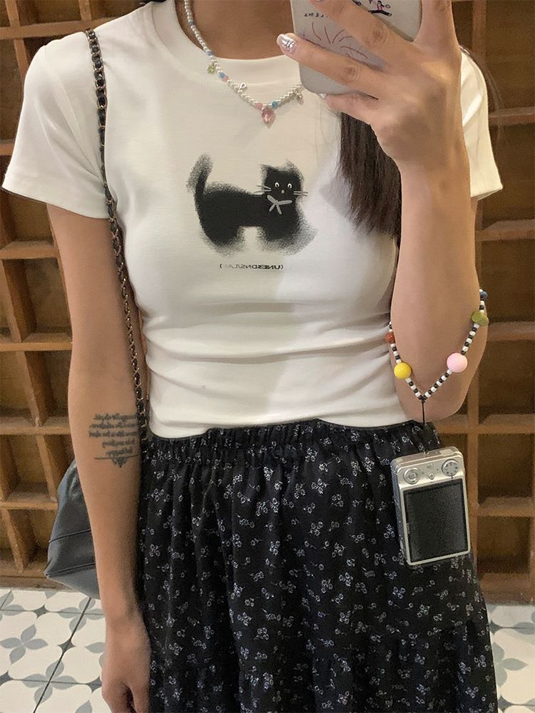 1*1纯棉 高弹力新款夏季短袖短款搭配高腰裤修身显瘦洋气上衣