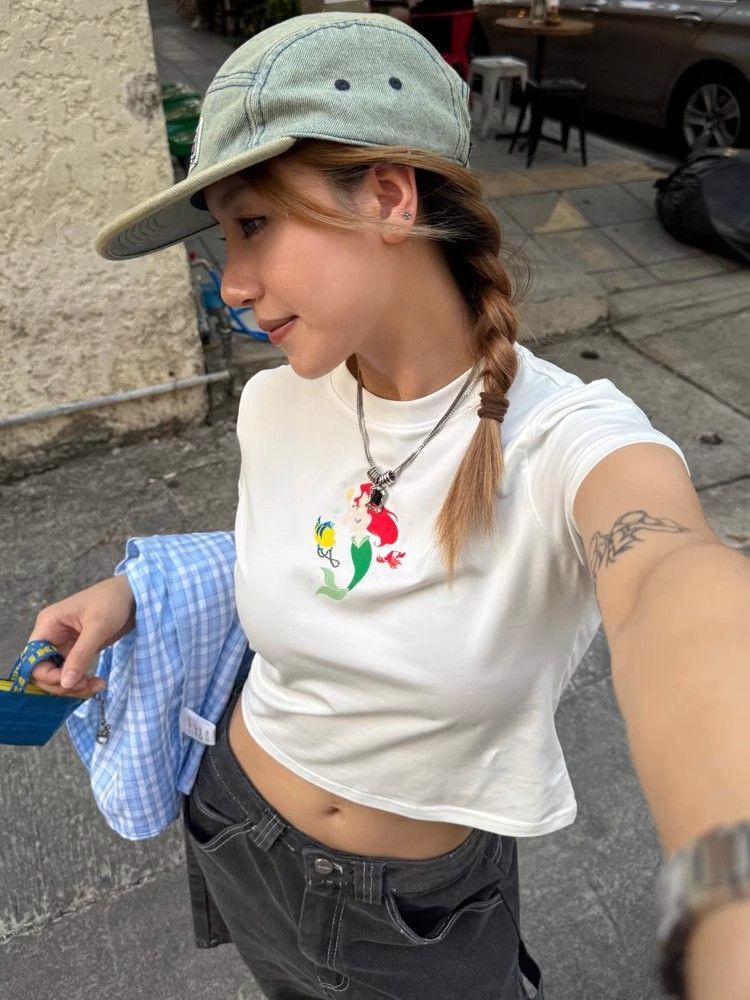 1*1纯棉 高弹力新款夏季短袖短款搭配高腰裤修身显瘦洋气上衣