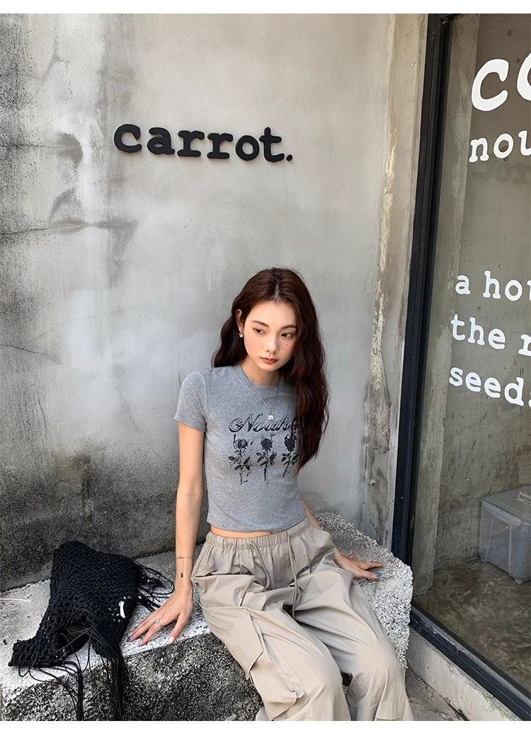 1*1纯棉 高弹力新款夏季短袖短款搭配高腰裤修身显瘦洋气上衣