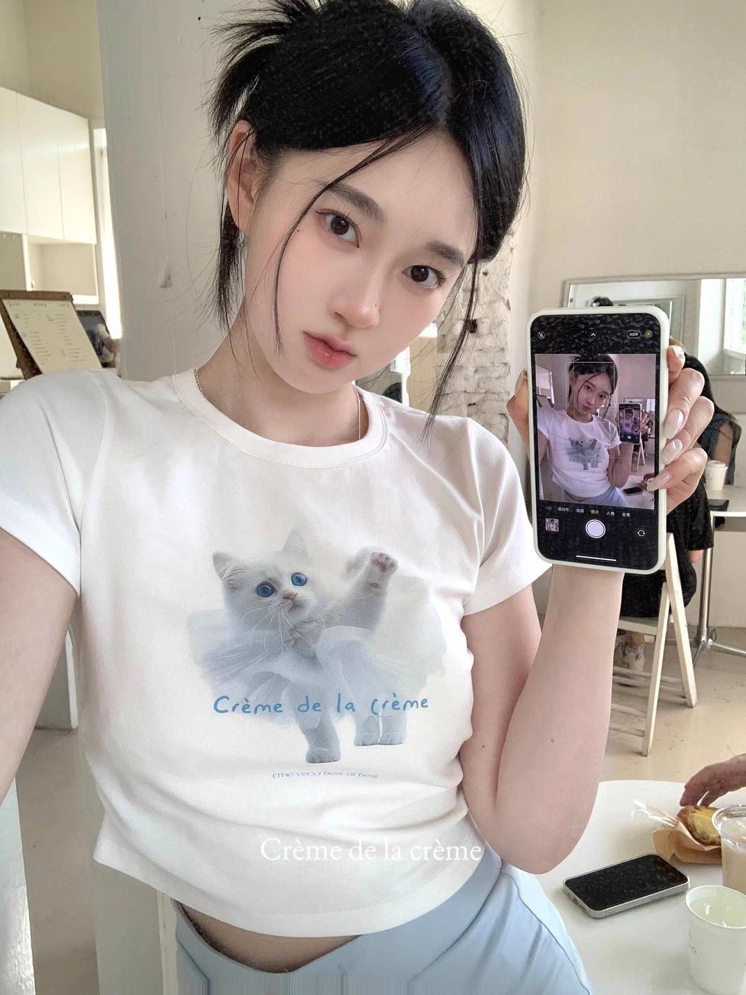 1*1纯棉 高弹力新款夏季短袖短款搭配高腰裤修身显瘦洋气上衣