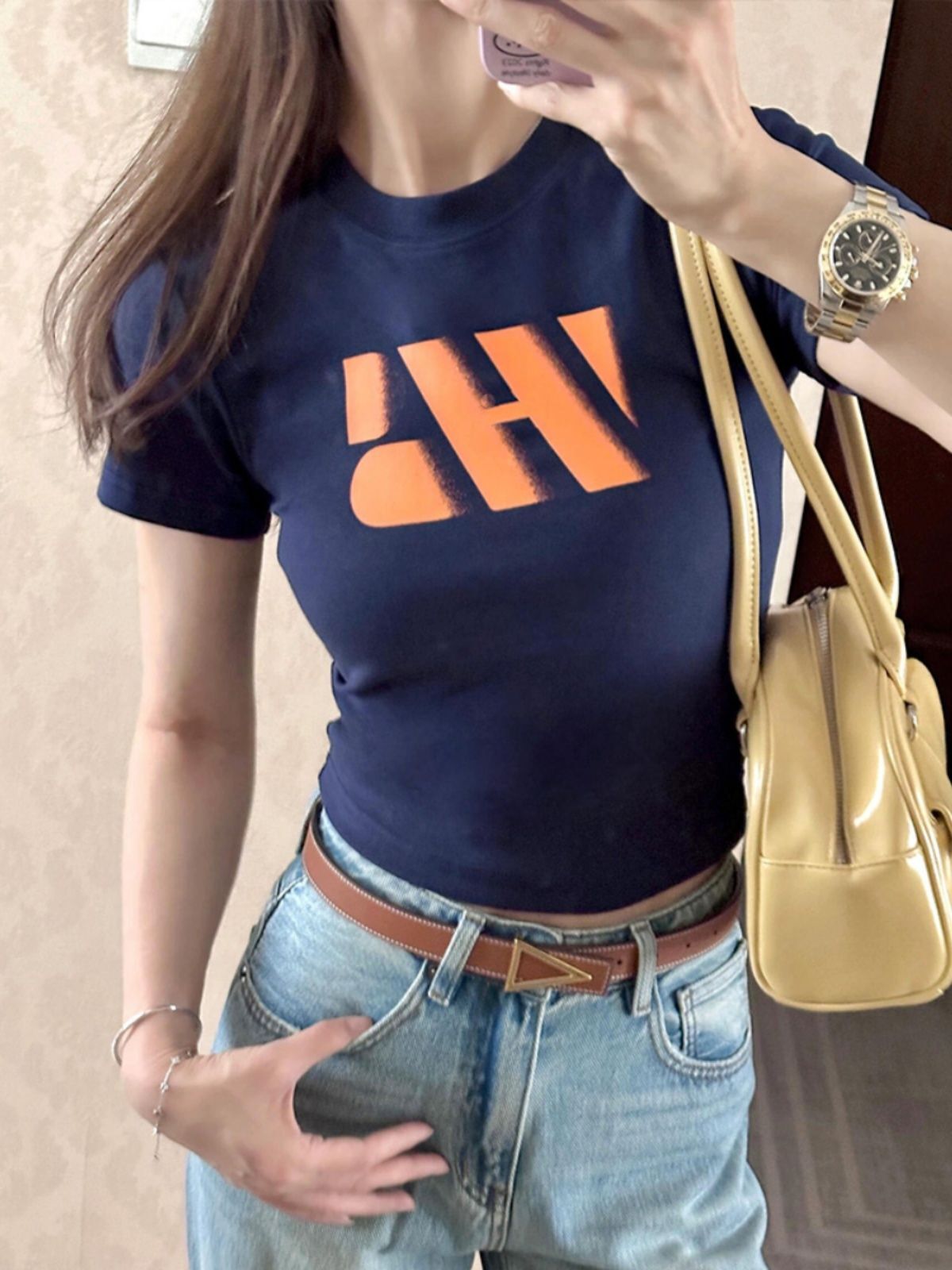 1*1纯棉 高弹力新款夏季短袖短款搭配高腰裤修身显瘦洋气上衣