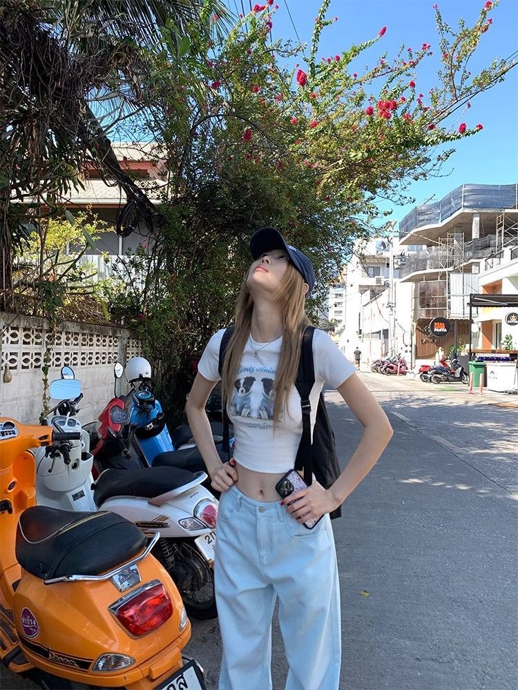 1*1纯棉 高弹力新款夏季短袖短款搭配高腰裤修身显瘦洋气上衣