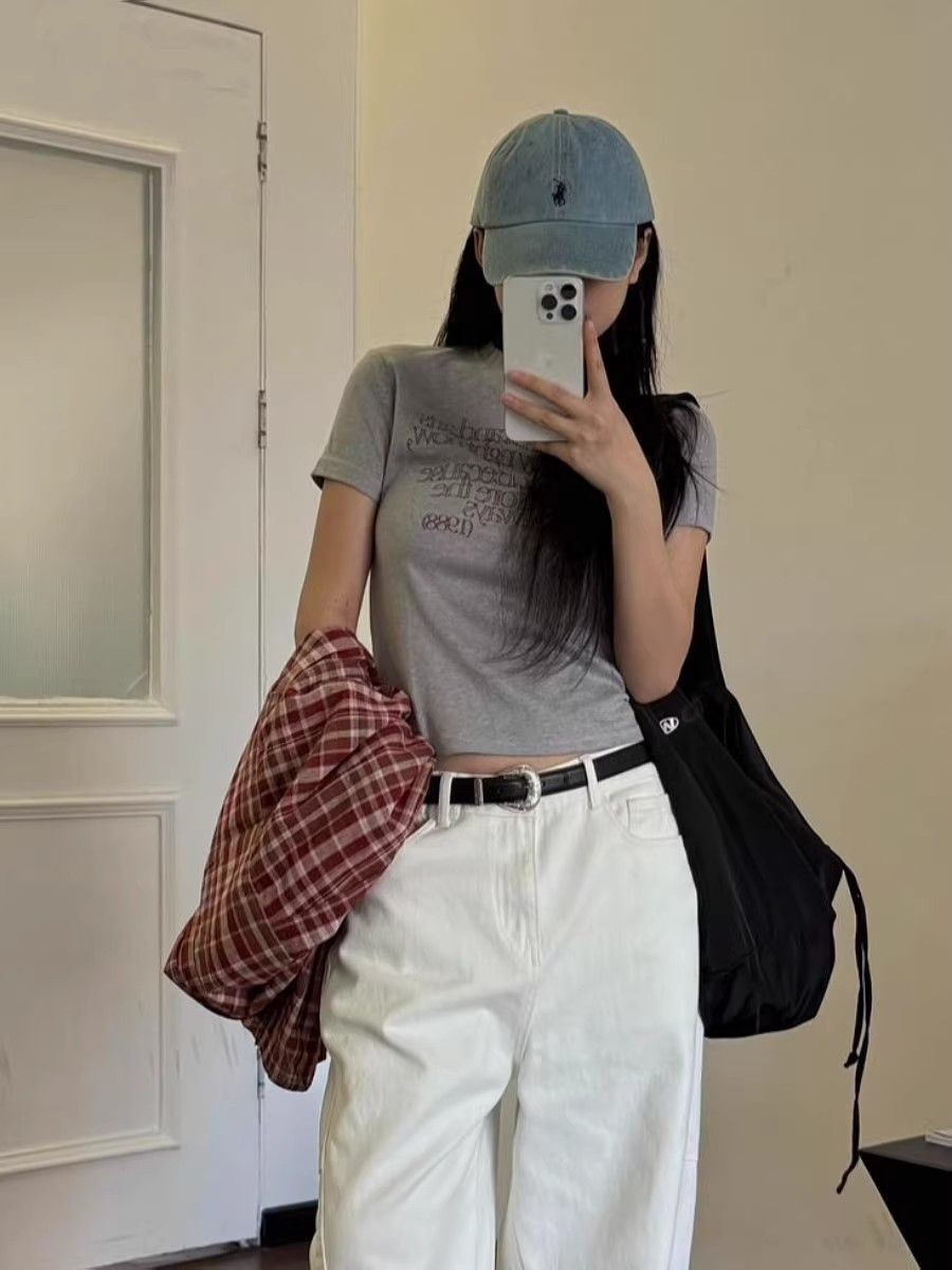 1*1纯棉 高弹力新款夏季短袖短款搭配高腰裤修身显瘦洋气上衣