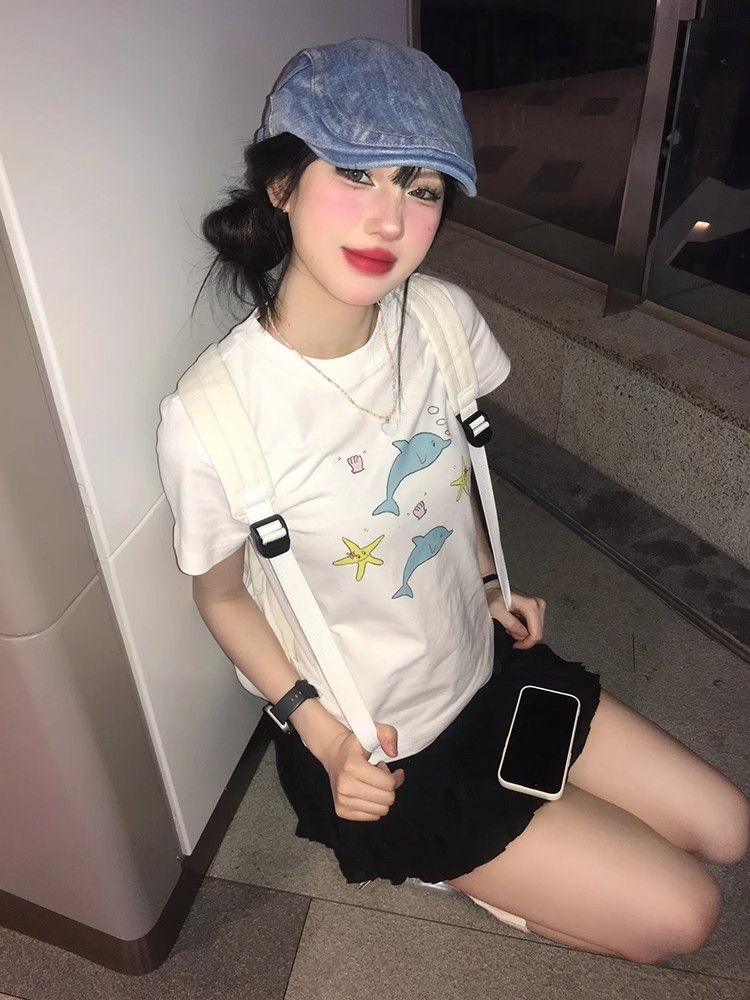 【1*1纯棉 常规款】印花正肩常规短袖 高弹力新款夏季修身显