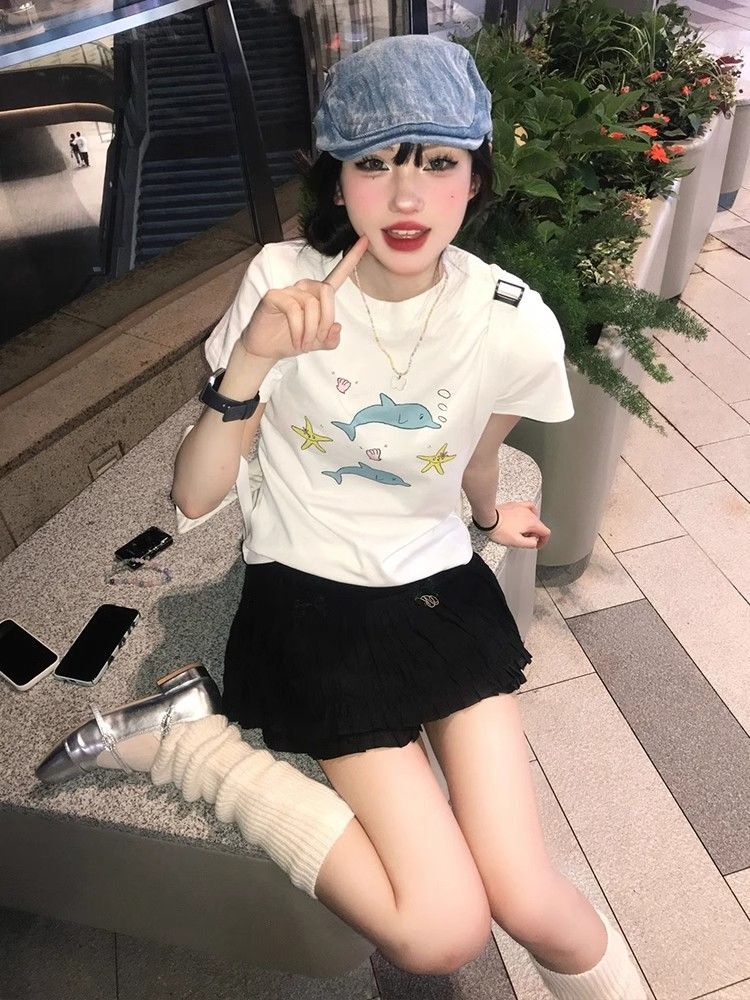 【1*1纯棉 常规款】印花正肩常规短袖 高弹力新款夏季修身显