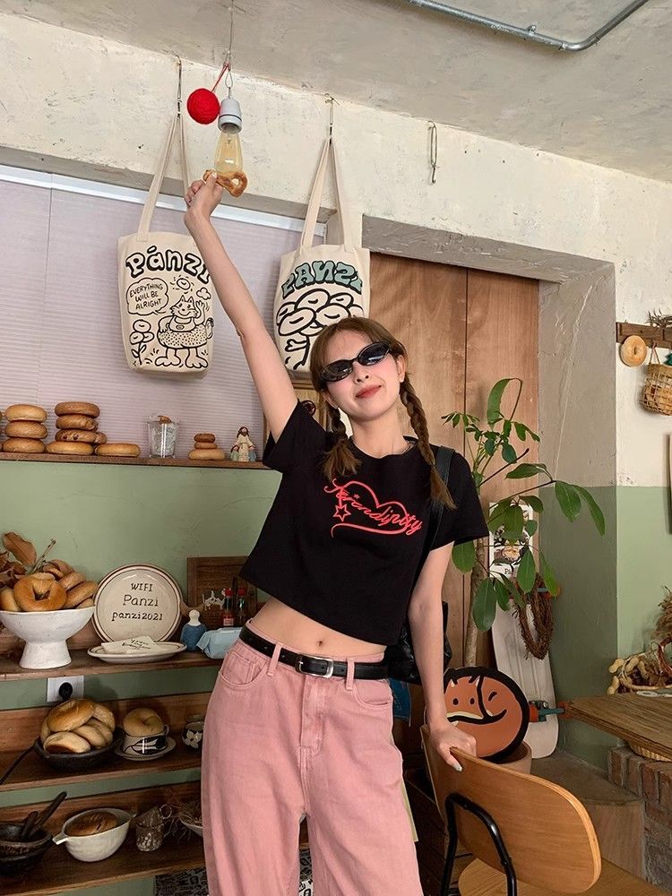 1*1纯棉 高弹力新款夏季短袖短款搭配高腰裤修身显瘦洋气上衣