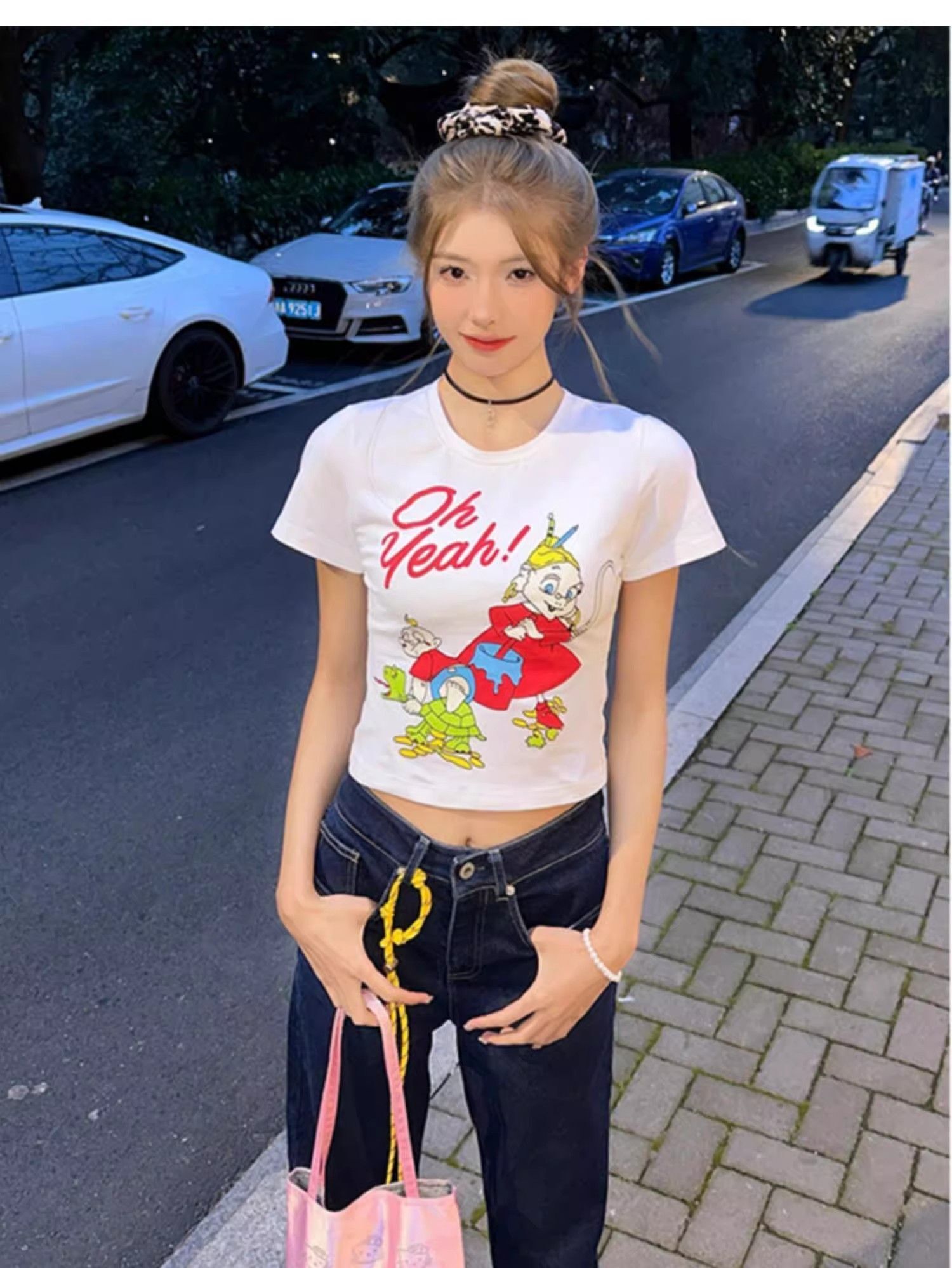 1*1纯棉 高弹力新款夏季短袖短款搭配高腰裤修身显瘦洋气上衣