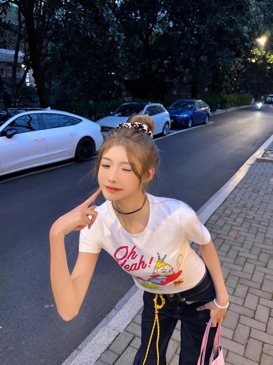 1*1纯棉 高弹力新款夏季短袖短款搭配高腰裤修身显瘦洋气上衣