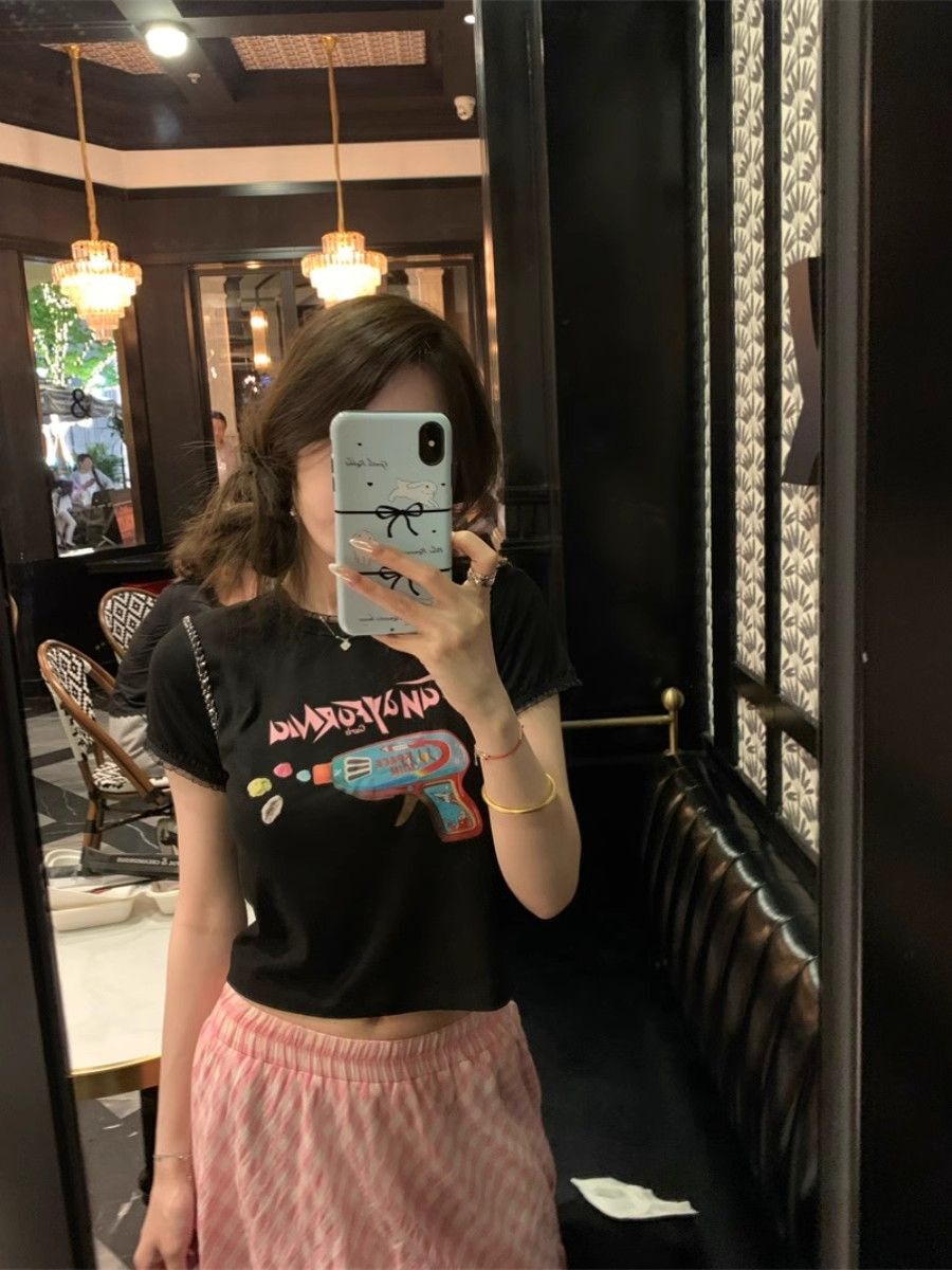 1*1纯棉 高弹力新款夏季短袖短款搭配高腰裤修身显瘦洋气上衣