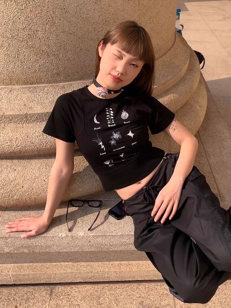 1*1纯棉 高弹力新款夏季短袖短款搭配高腰裤修身显瘦洋气上衣