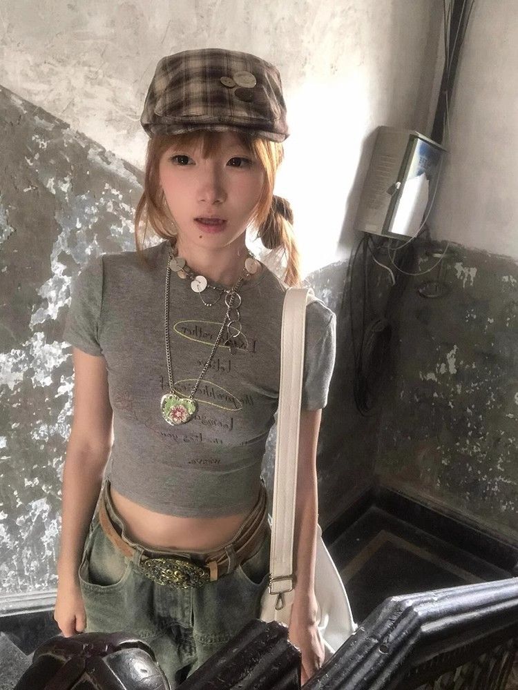 1*1纯棉 高弹力新款夏季短袖短款搭配高腰裤修身显瘦洋气上衣