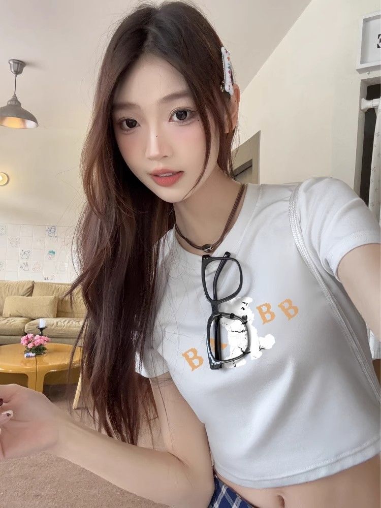 1*1纯棉 高弹力新款夏季短袖短款搭配高腰裤修身显瘦洋气上衣