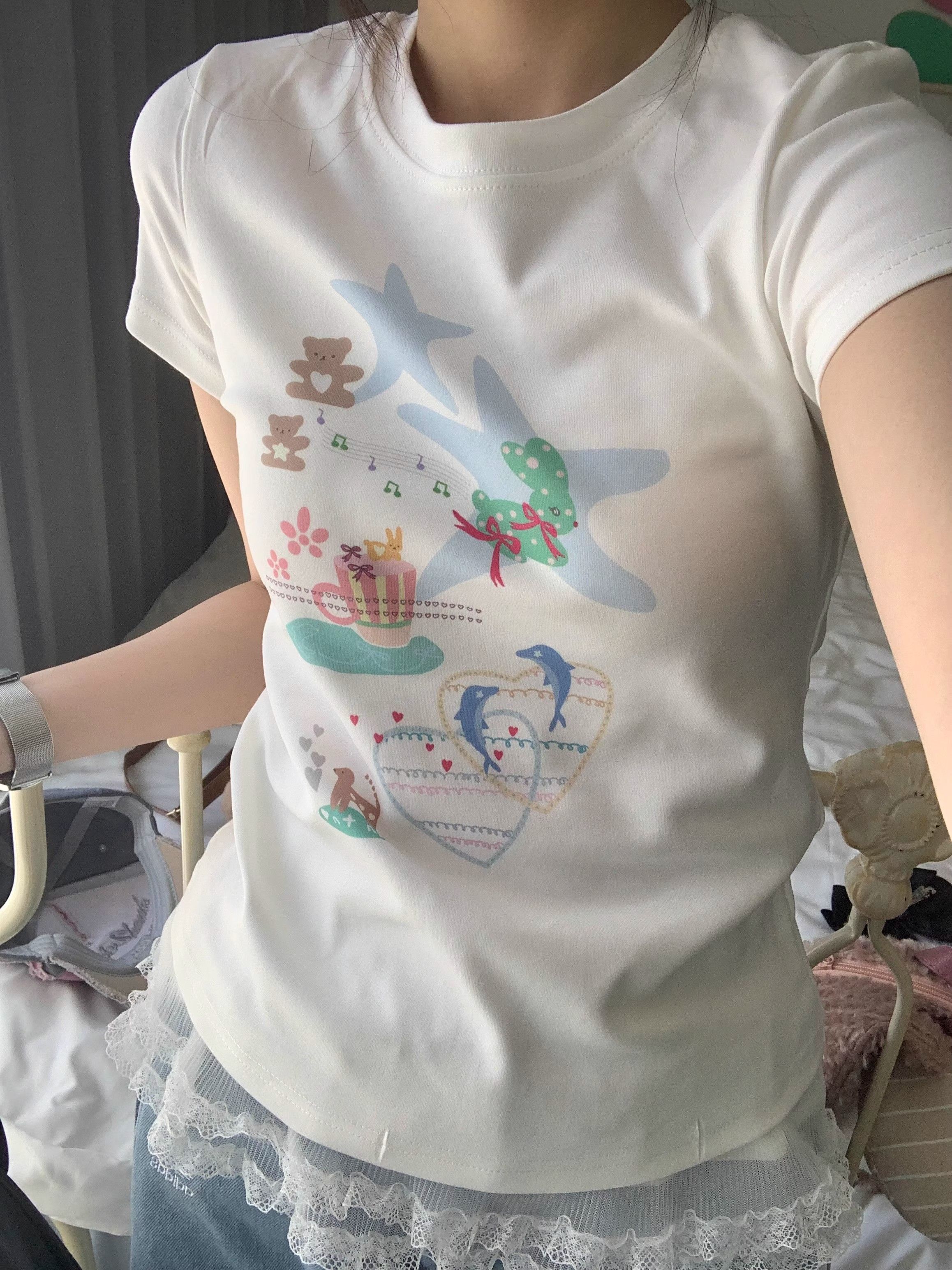 【1*1纯棉 常规款】印花正肩常规短袖 高弹力新款夏季修身显