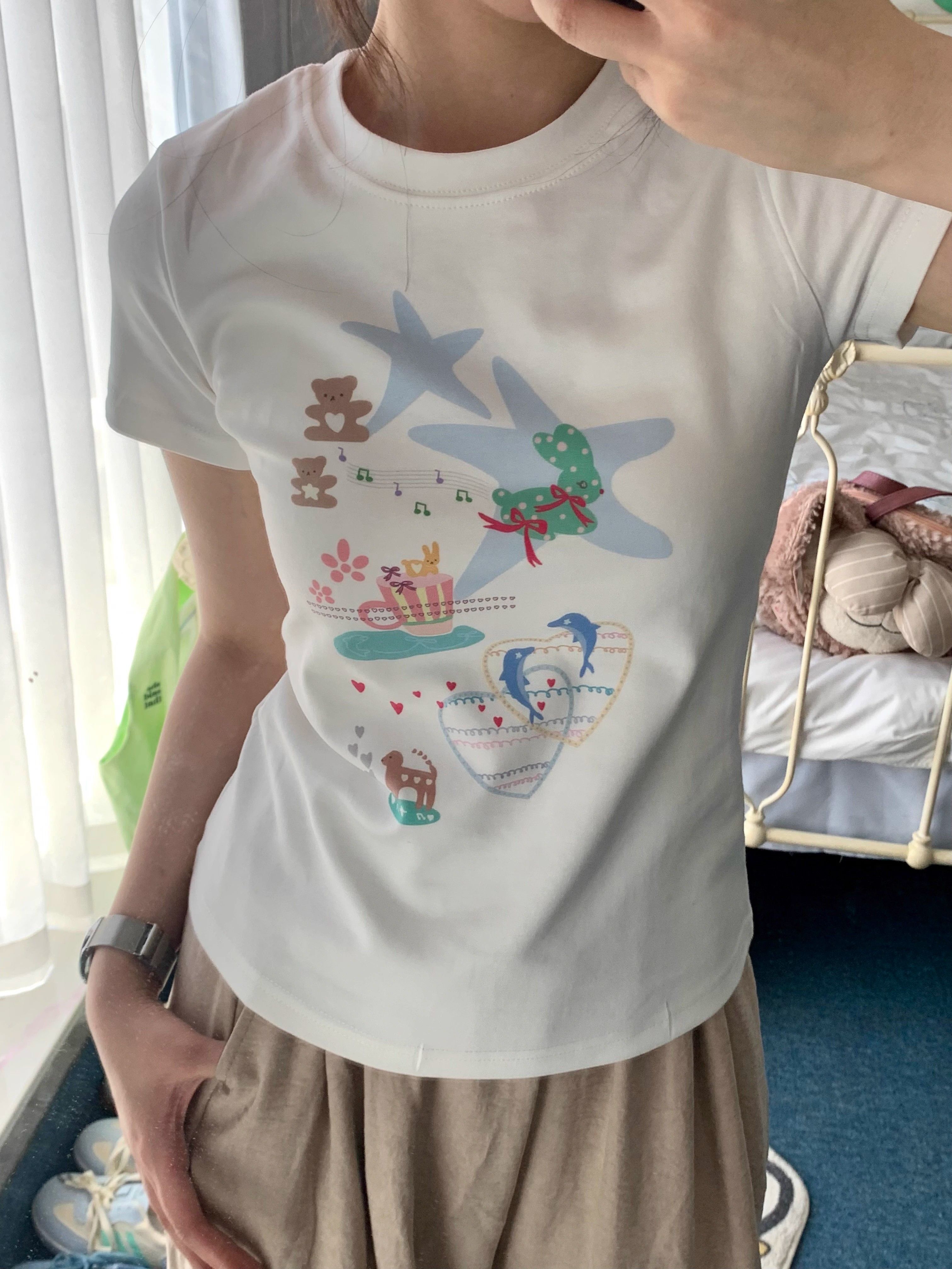 【1*1纯棉 常规款】印花正肩常规短袖 高弹力新款夏季修身显