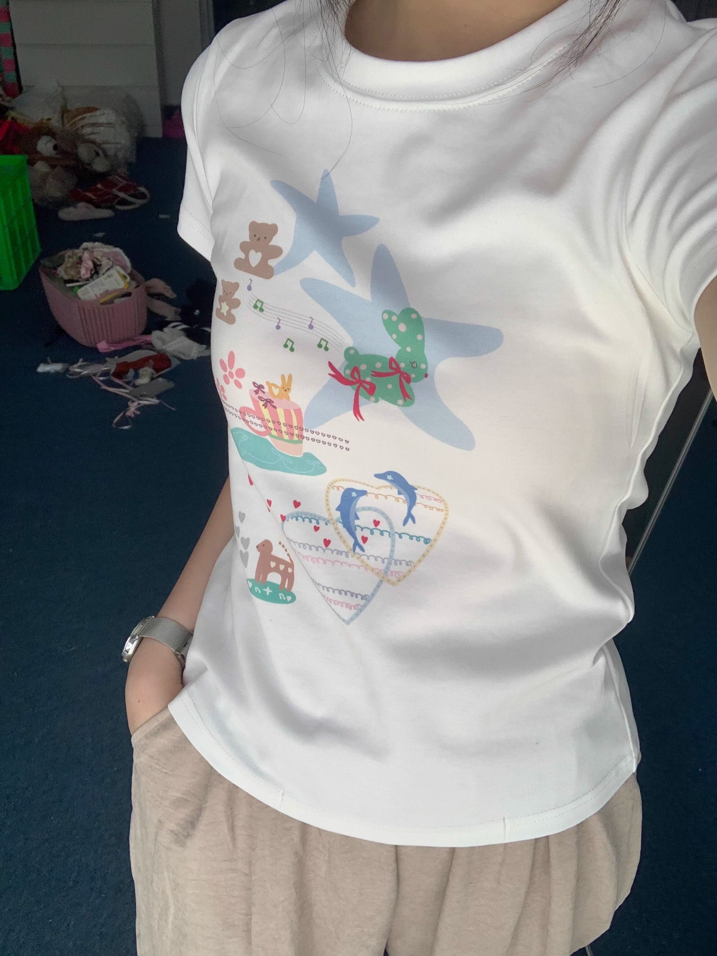 【1*1纯棉 常规款】印花正肩常规短袖 高弹力新款夏季修身显