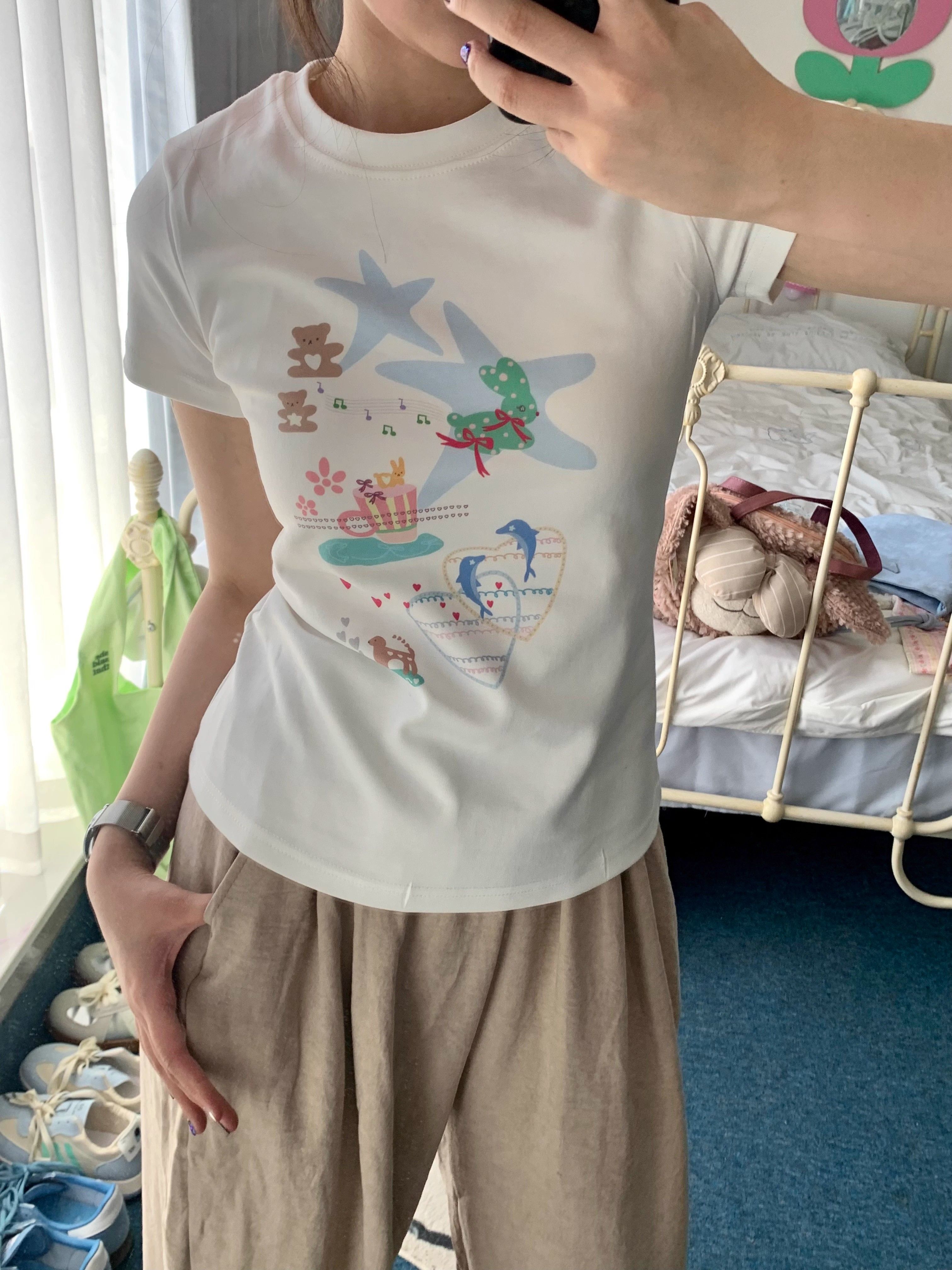 【1*1纯棉 常规款】印花正肩常规短袖 高弹力新款夏季修身显