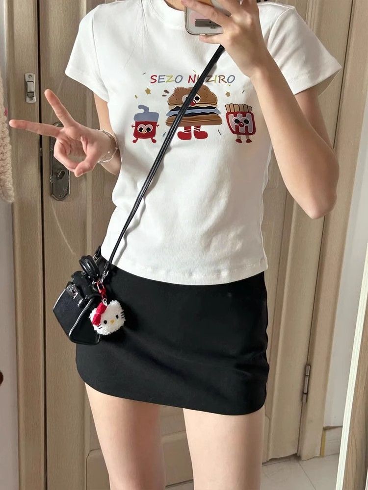 【1*1纯棉 常规款】印花正肩常规短袖 高弹力新款夏季修身显