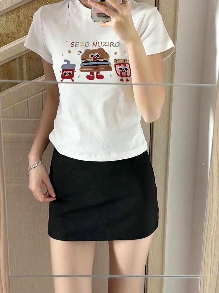 【1*1纯棉 常规款】印花正肩常规短袖 高弹力新款夏季修身显