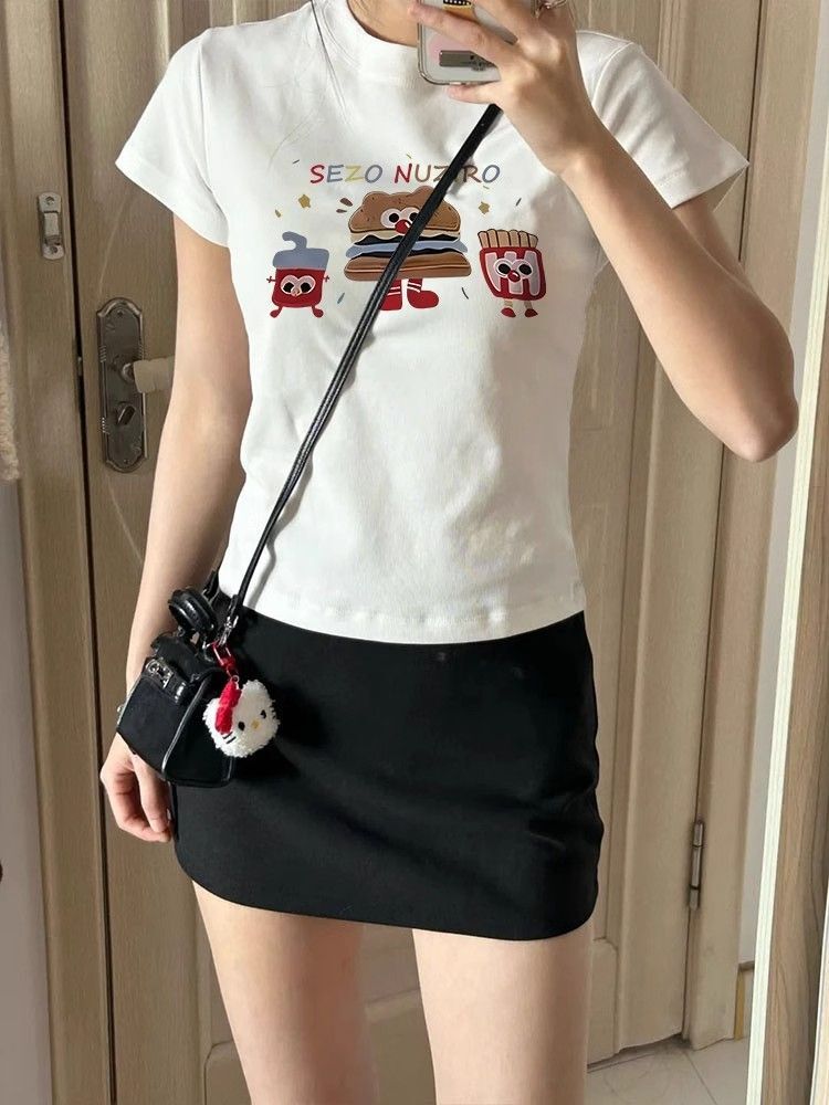 【1*1纯棉 常规款】印花正肩常规短袖 高弹力新款夏季修身显