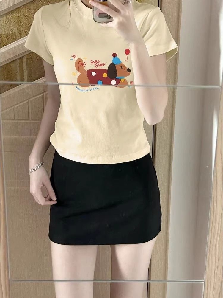 【1*1纯棉 常规款】印花正肩常规短袖 高弹力新款夏季修身显