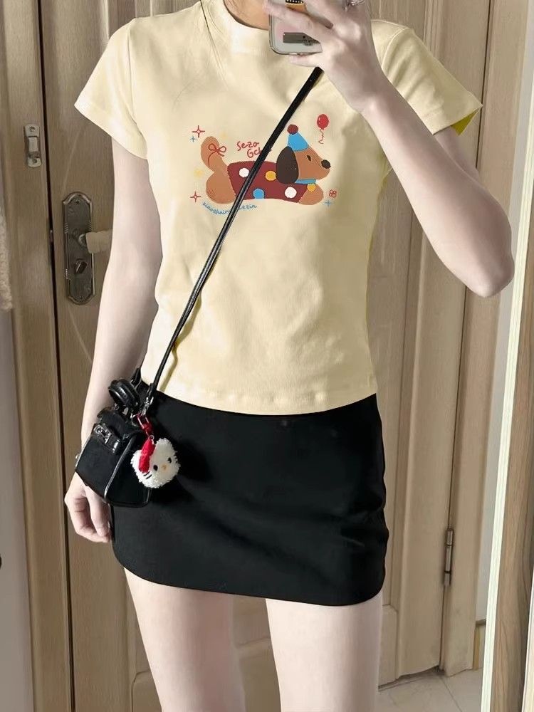 【1*1纯棉 常规款】印花正肩常规短袖 高弹力新款夏季修身显