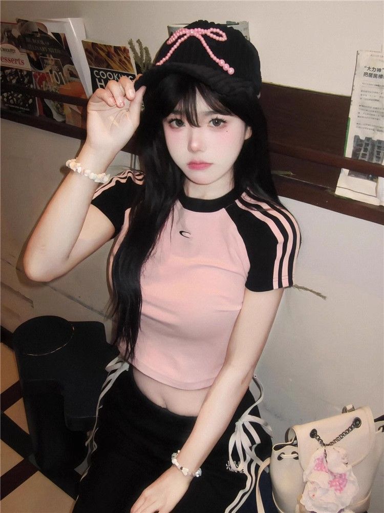 1*1纯棉 高弹力新款女三条杠条纹设计感上衣