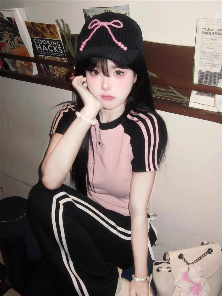 1*1纯棉 高弹力新款女三条杠条纹设计感上衣