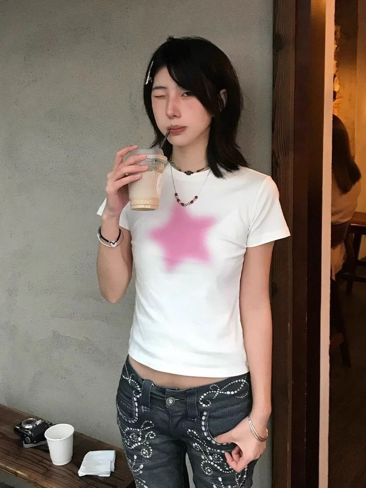 【1*1纯棉 常规款】印花正肩常规短袖 高弹力新款夏季修身显 【1*1纯棉 常规款】印花正肩常规短袖 高弹力新款夏季修身显