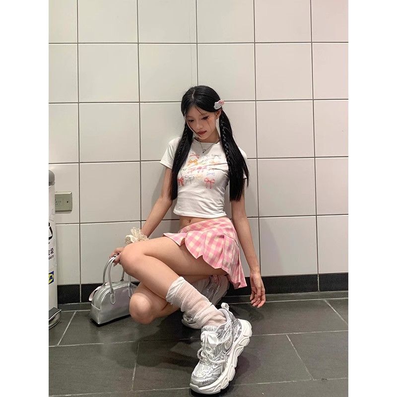 1*1纯棉 高弹力新款夏季短袖短款搭配高腰裤修身显瘦洋气上衣