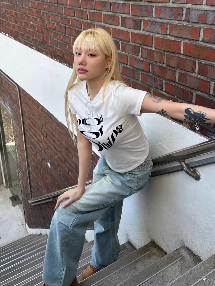 【1*1纯棉 常规款】印花正肩常规短袖 高弹力新款夏季修身显