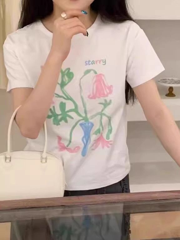 【1*1纯棉 常规款】印花正肩常规短袖 高弹力新款夏季修身显