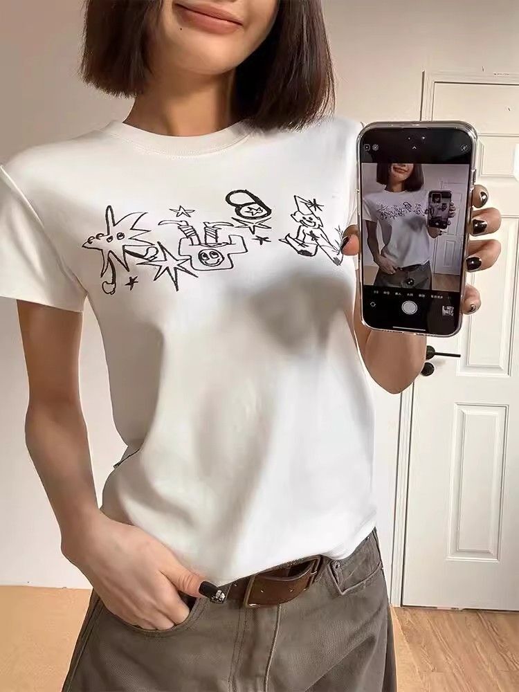 【1*1纯棉 常规款】印花正肩常规短袖 高弹力新款夏季修身显 【1*1纯棉 常规款】印花正肩常规短袖 高弹力新款夏季修身显