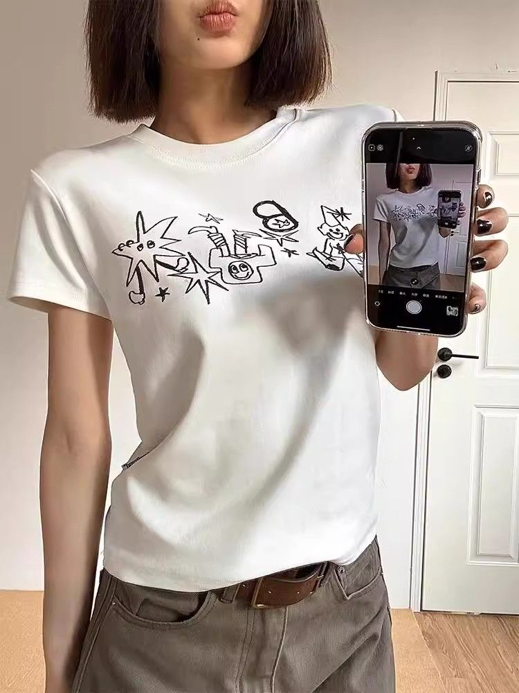 【1*1纯棉 常规款】印花正肩常规短袖 高弹力新款夏季修身显