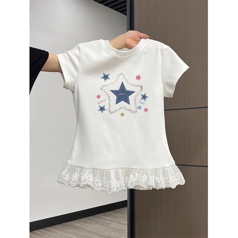 甜辣妹蕾丝花边短袖t恤女装夏季新款纯欲内搭叠穿打底衫上衣