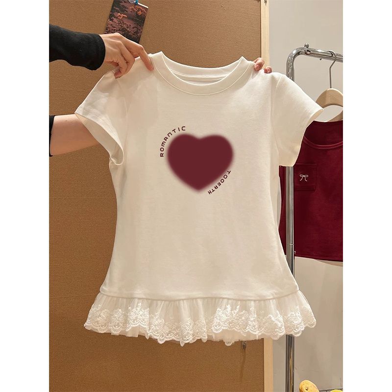 甜辣妹蕾丝花边短袖t恤女装夏季新款纯欲内搭叠穿打底衫上衣