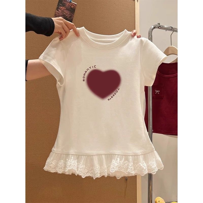 甜辣妹蕾丝花边短袖t恤女装夏季新款纯欲内搭叠穿打底衫上衣