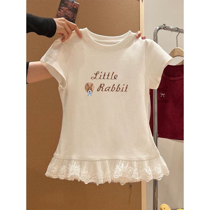 甜辣妹蕾丝花边短袖t恤女装夏季新款纯欲内搭叠穿打底衫上衣